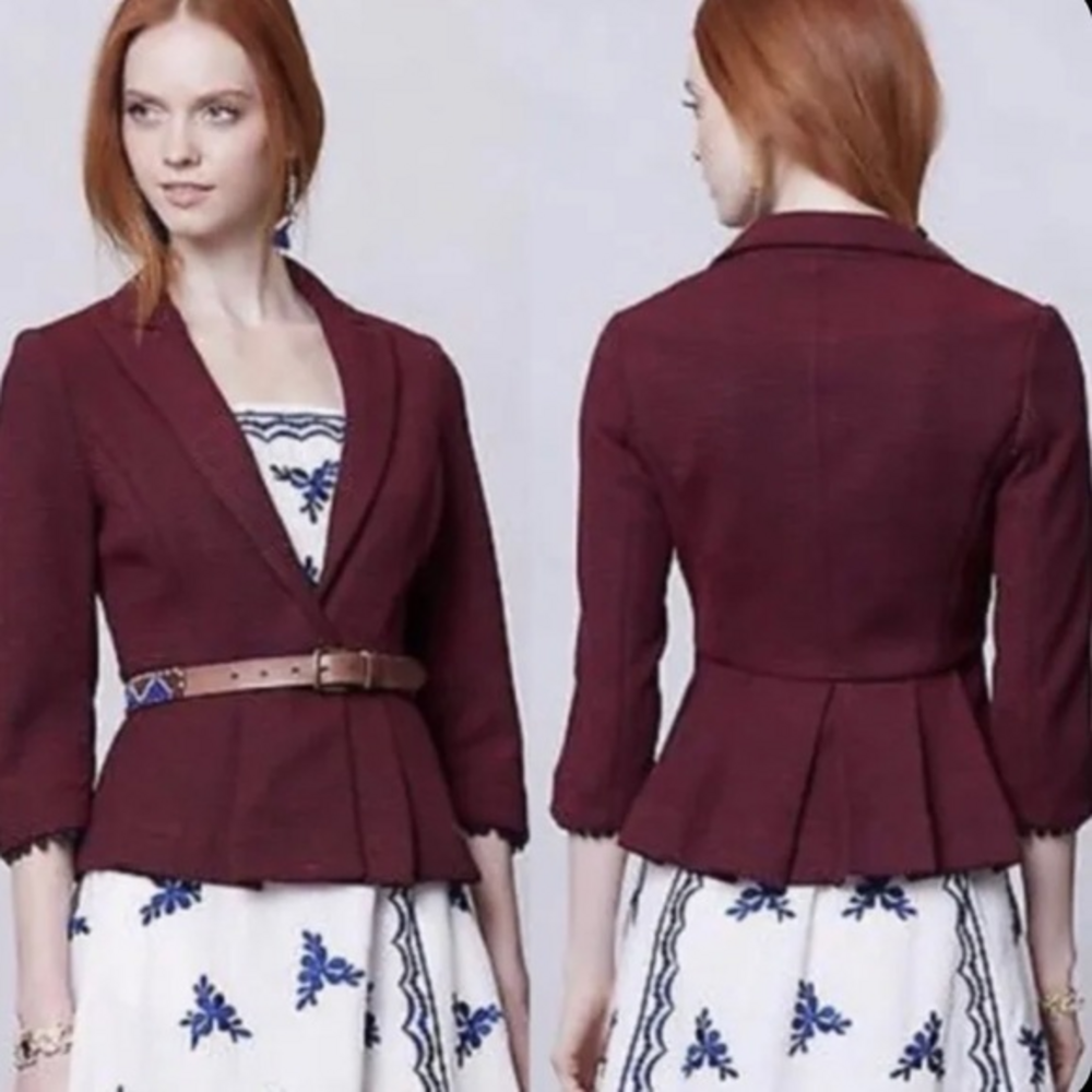 Anthropologie Tabitha Navy & Red Knit Blazer Pleated Pom Pom Trim